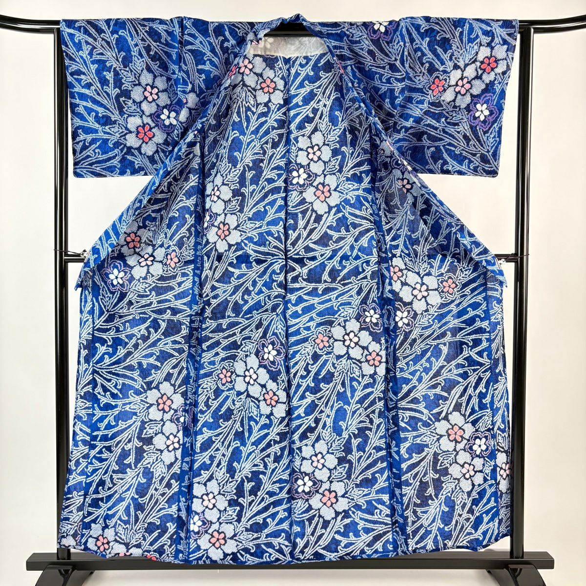 浴衣 身長159.5cm 袖長65cm M 絞染浴衣 草花紋紋 青 純棉 名品級