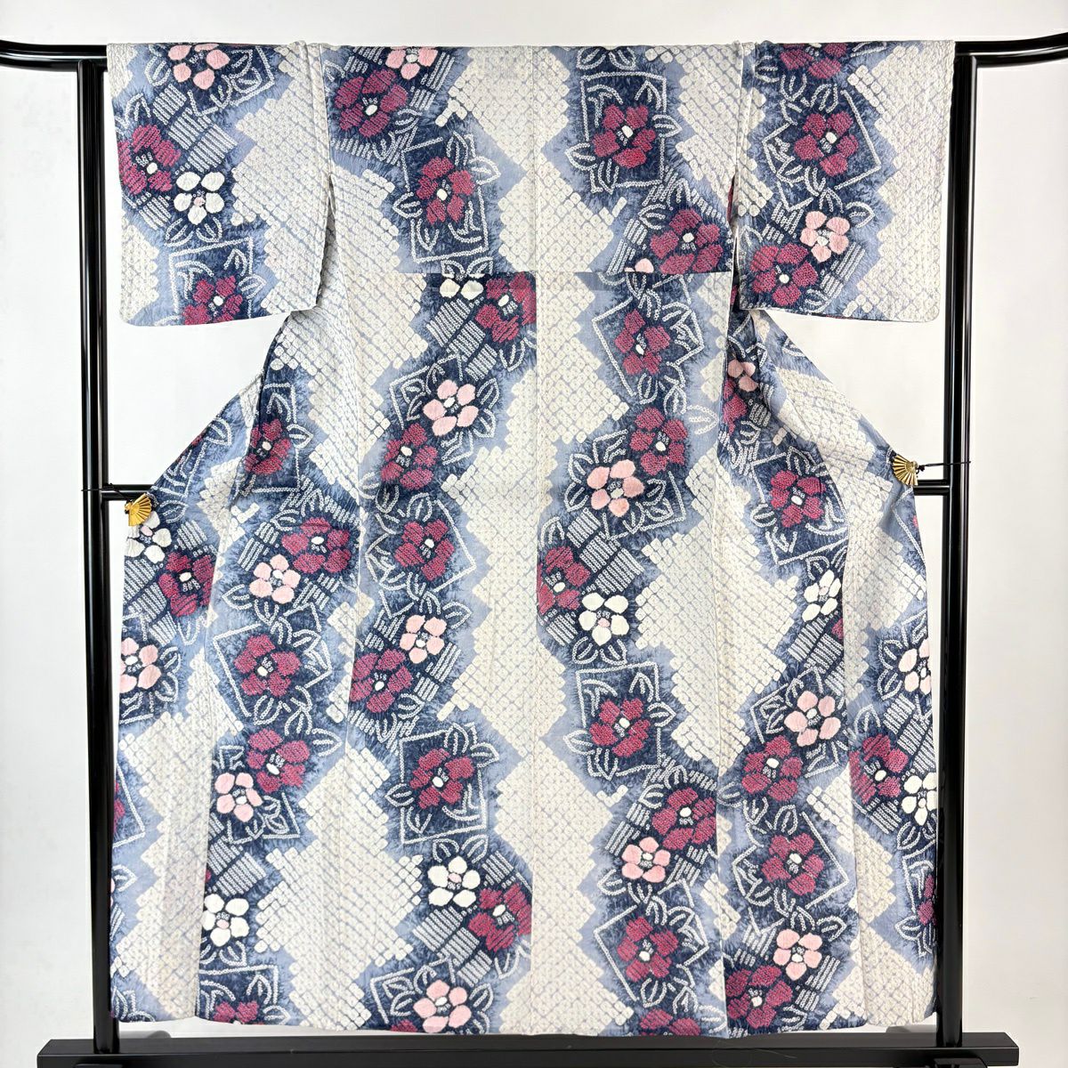 浴衣 身長156.5cm 袖長64cm M 絞染浴衣 草花紋 白 純棉 名品級
