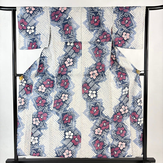 浴衣 身長156.5cm 袖長64cm M 絞染浴衣 草花紋 白 純棉 名品級