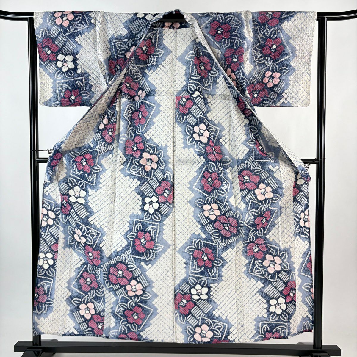 浴衣 身長156.5cm 袖長64cm M 絞染浴衣 草花紋 白 純棉 名品級