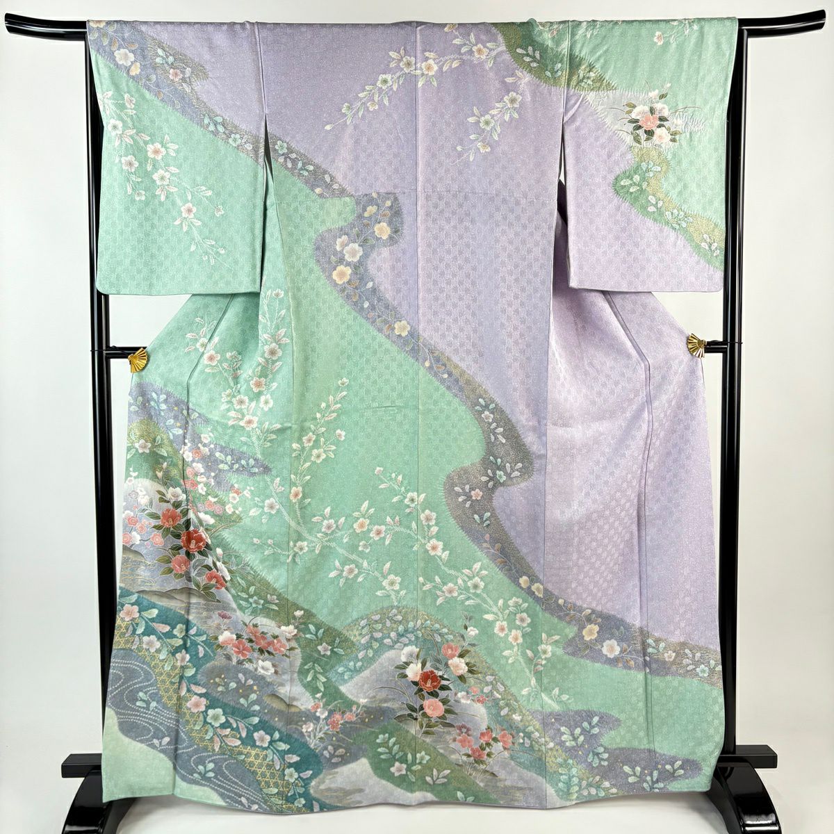 訪問服 身長167cm 袖長66cm M 雙層 椿 流水 金銀彩 漸層 淺綠 純蠶絲 名品級