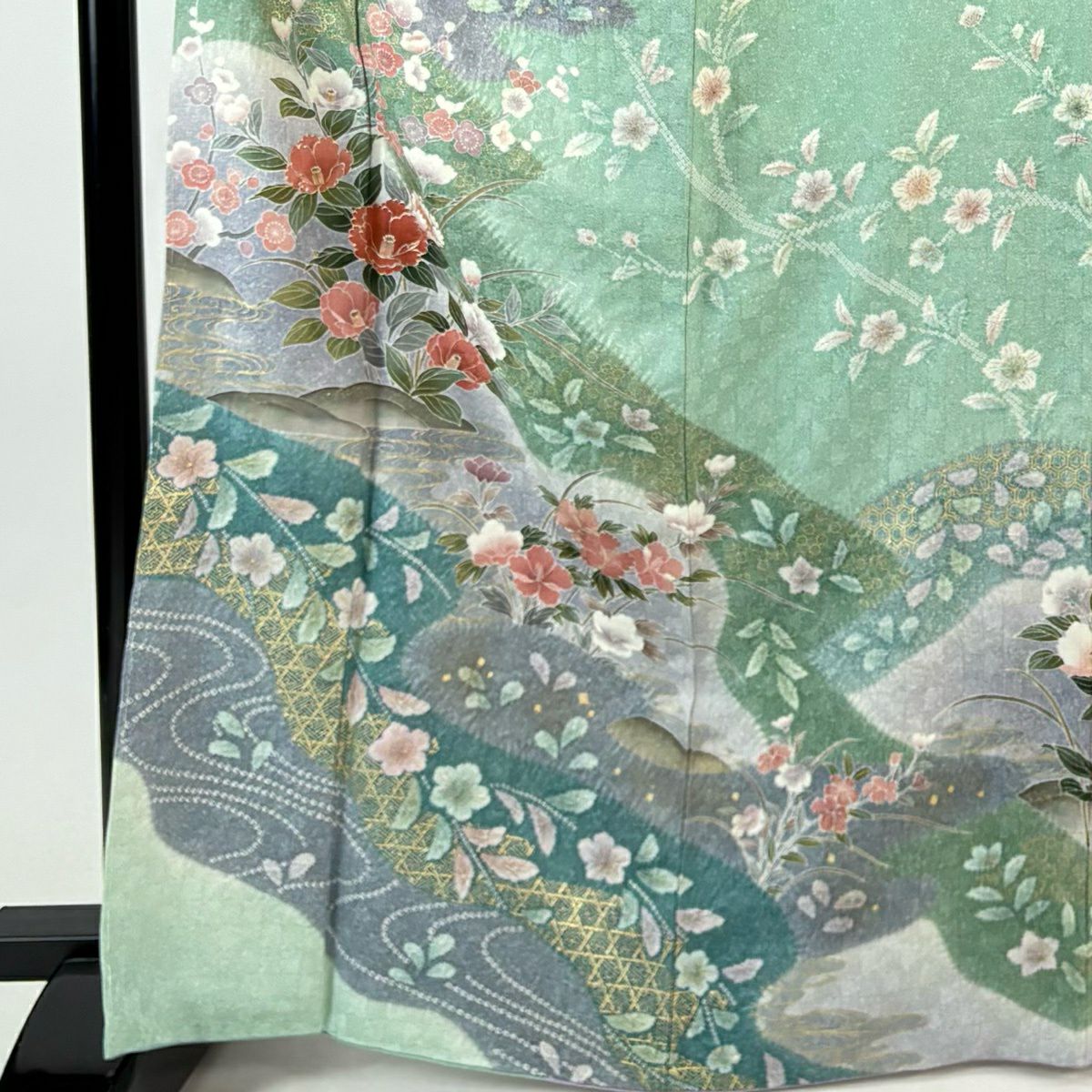 訪問服 身長167cm 袖長66cm M 雙層 椿 流水 金銀彩 漸層 淺綠 純蠶絲 名品級