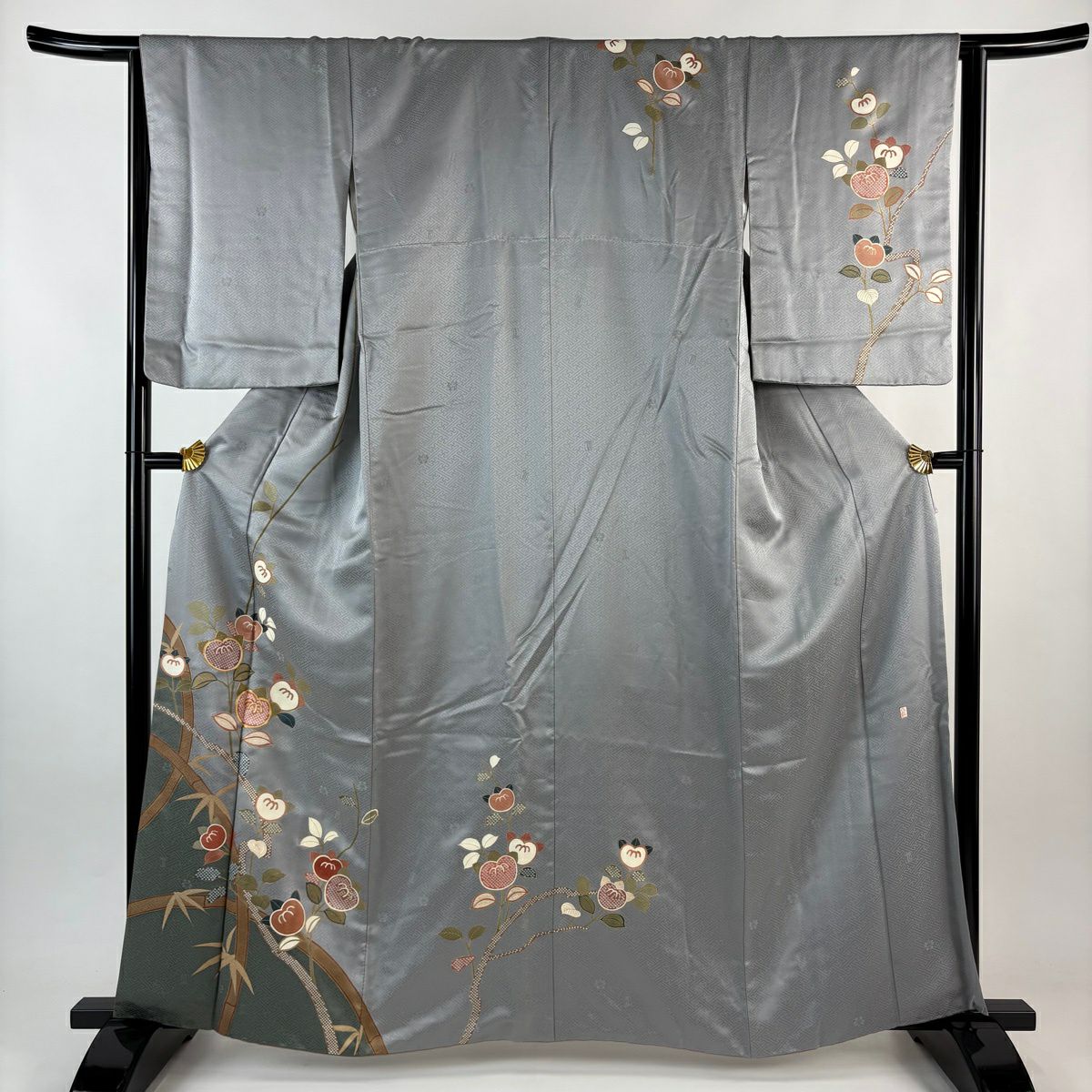 付下 身長162.5cm 袖長65cm M 雙層 吾妻德穗 落款あり 橘 笹 金絲 金銀彩 灰 純蠶絲 名品級