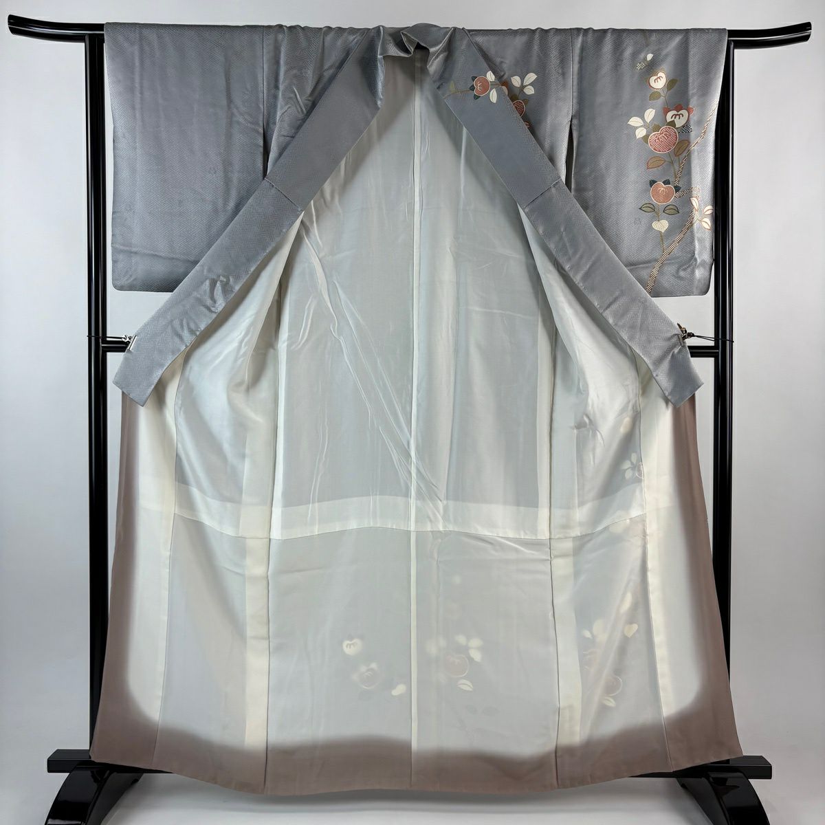 付下 身長162.5cm 袖長65cm M 雙層 吾妻德穗 落款あり 橘 笹 金絲 金銀彩 灰 純蠶絲 名品級