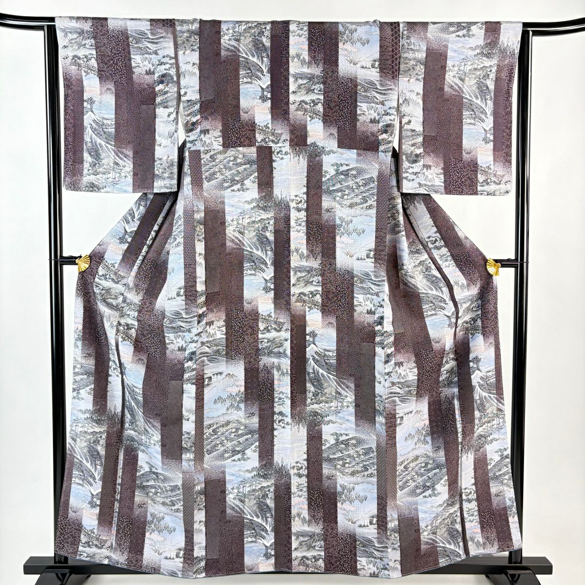 小紋 身長159cm 袖長65cm M 雙層 風景 波頭 茶紫 純蠶絲 名品級