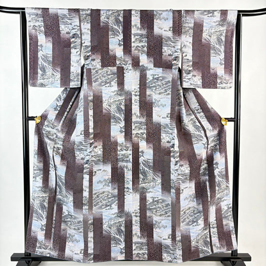 小紋 身長159cm 袖長65cm M 雙層 風景 波頭 茶紫 純蠶絲 名品級