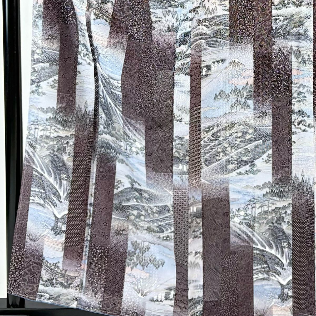 小紋 身長159cm 袖長65cm M 雙層 風景 波頭 茶紫 純蠶絲 名品級