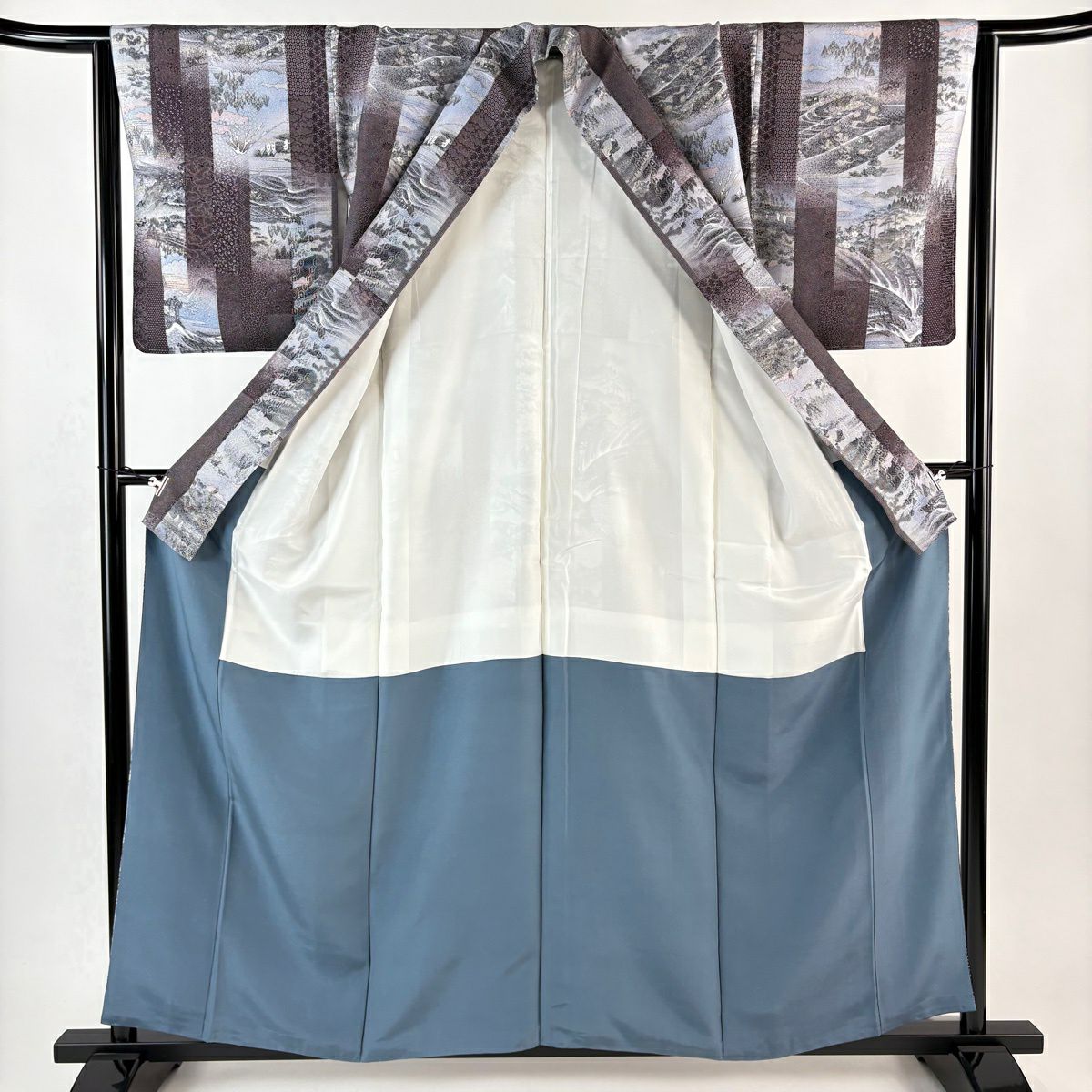 小紋 身長159cm 袖長65cm M 雙層 風景 波頭 茶紫 純蠶絲 名品級