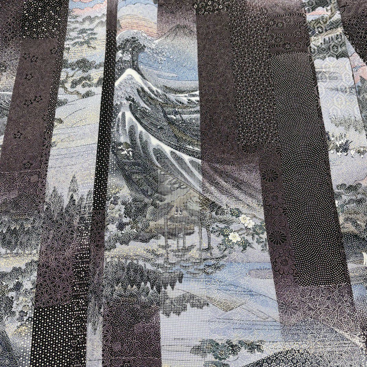 小紋 身長159cm 袖長65cm M 雙層 風景 波頭 茶紫 純蠶絲 名品級