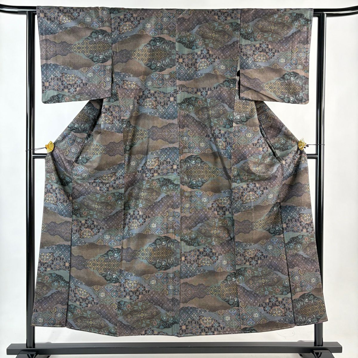 【美品】 大島紬織 身長153cm 袖長62cm S 雙層 證書附帶 華紋 紗綾形 焦茶 純蠶絲 名品級