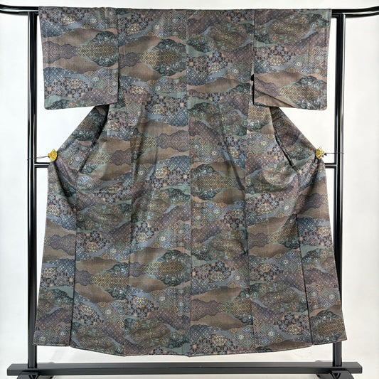 【美品】 大島紬織 身長153cm 袖長62cm S 雙層 證書附帶 華紋 紗綾形 焦茶 純蠶絲 名品級