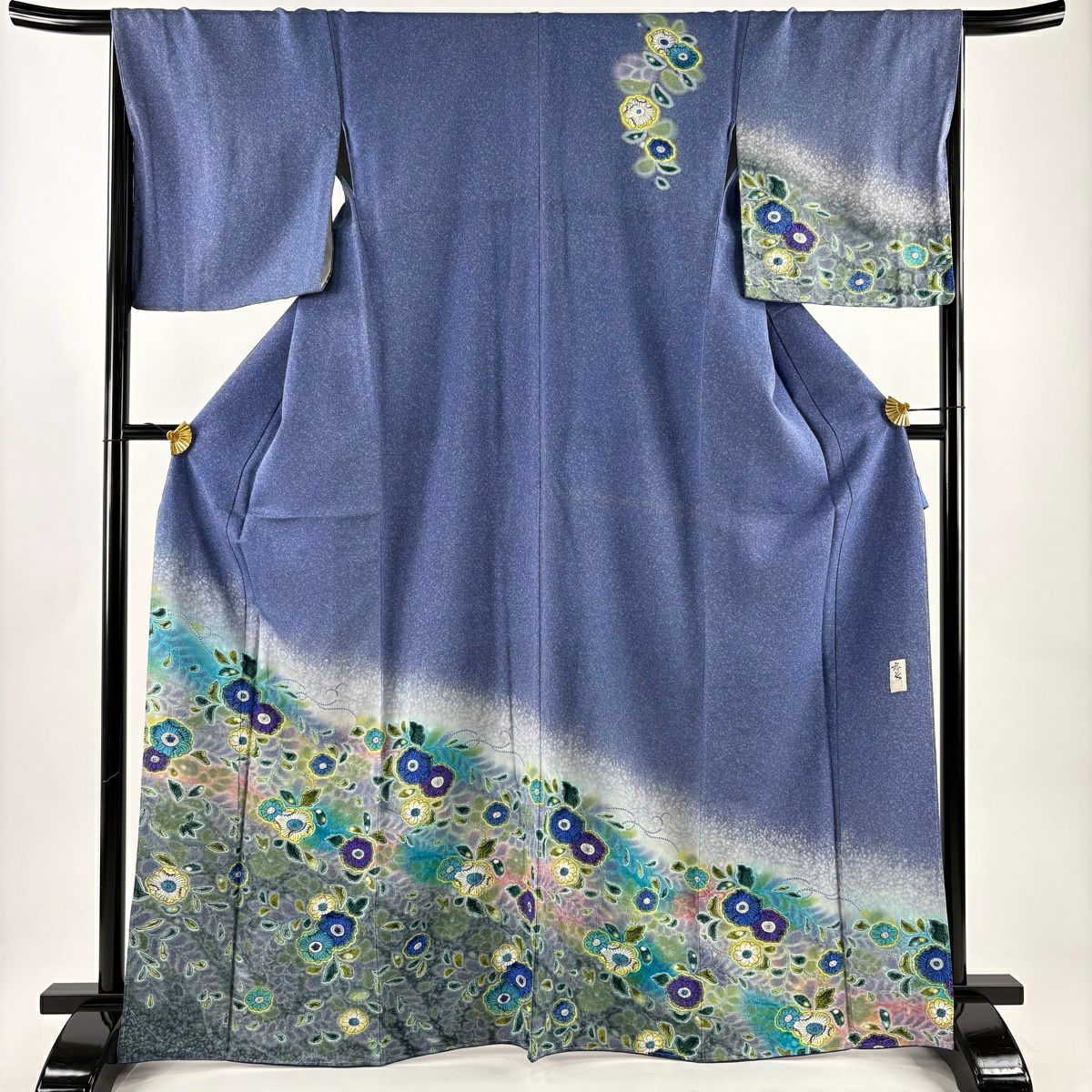 訪問服 身長167cm 袖長66.5cm M 雙層 落款あり 辻花染 ぼかし 青灰 純蠶絲 名品級