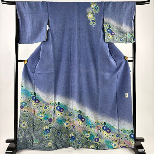 訪問服 身長167cm 袖長66.5cm M 雙層 落款あり 辻花染 ぼかし 青灰 純蠶絲 名品級