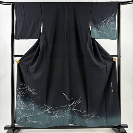 付下 身長157cm 袖長63cm S 雙層 草野一騎 落款あり 松樹葉 金銀彩 漸層 墨 黑 純蠶絲 名品級
