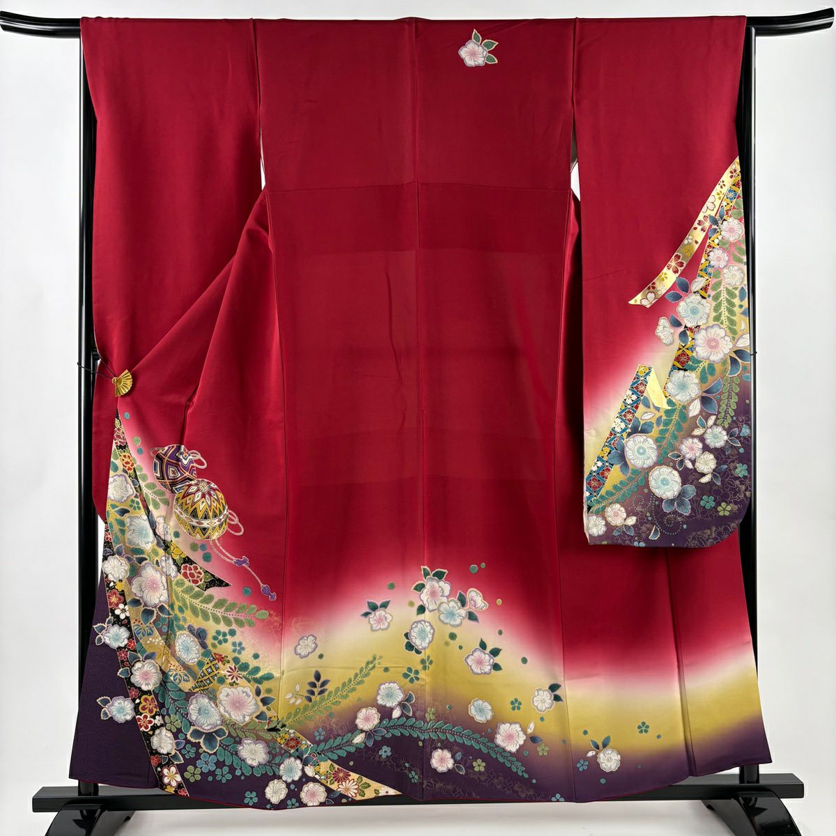 振袖禮服 身長158cm 袖長65cm M 雙層 手鞠 櫻花 金通し 金銀彩 紅 純蠶絲 名品級