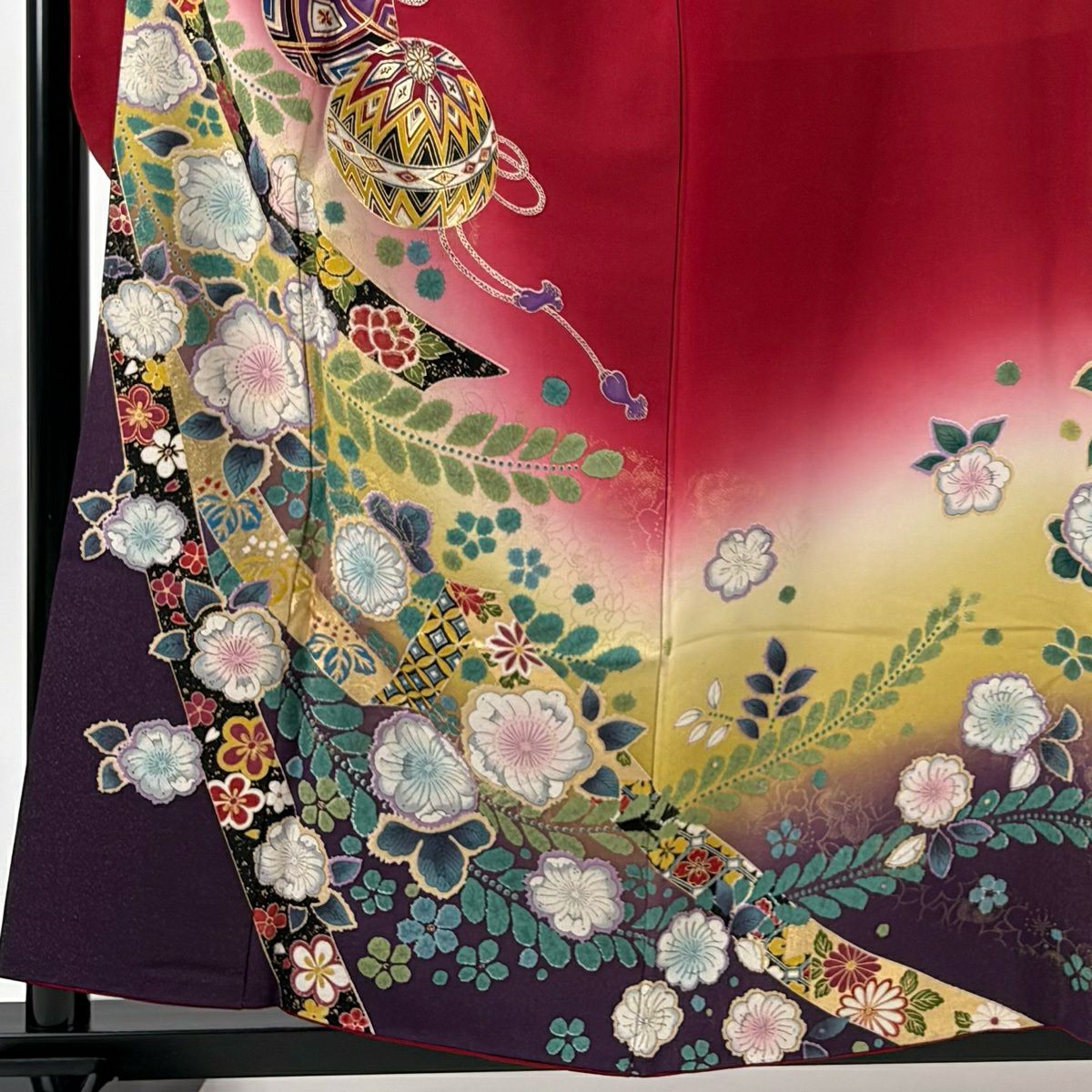 振袖禮服 身長158cm 袖長65cm M 雙層 手鞠 櫻花 金通し 金銀彩 紅 純蠶絲 名品級