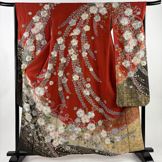 振袖禮服 身長160cm 袖長66.5cm M 雙層櫻 流水 銀通 金銀彩 朱 純蠶絲 名品級