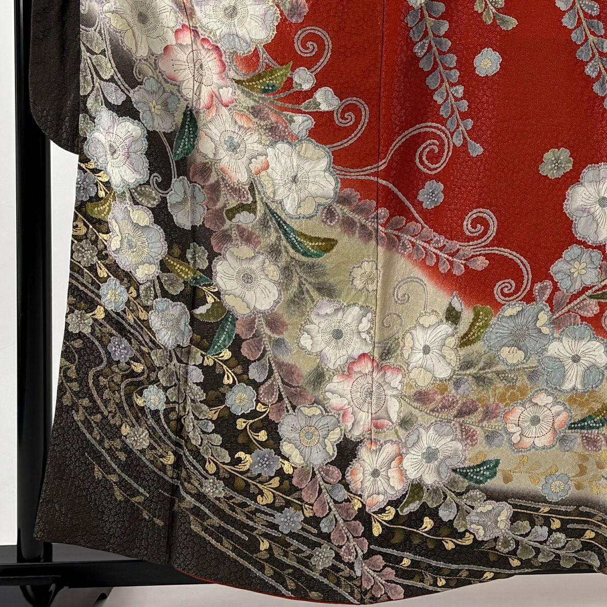 振袖禮服 身長160cm 袖長66.5cm M 雙層櫻 流水 銀通 金銀彩 朱 純蠶絲 名品級