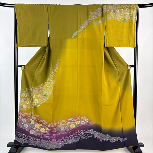 訪問服 身長161.5cm 袖長68.5cm L 雙層 辻花染圖案 流水 金彩裝飾 漸層 鶯色 純蠶絲 名品級