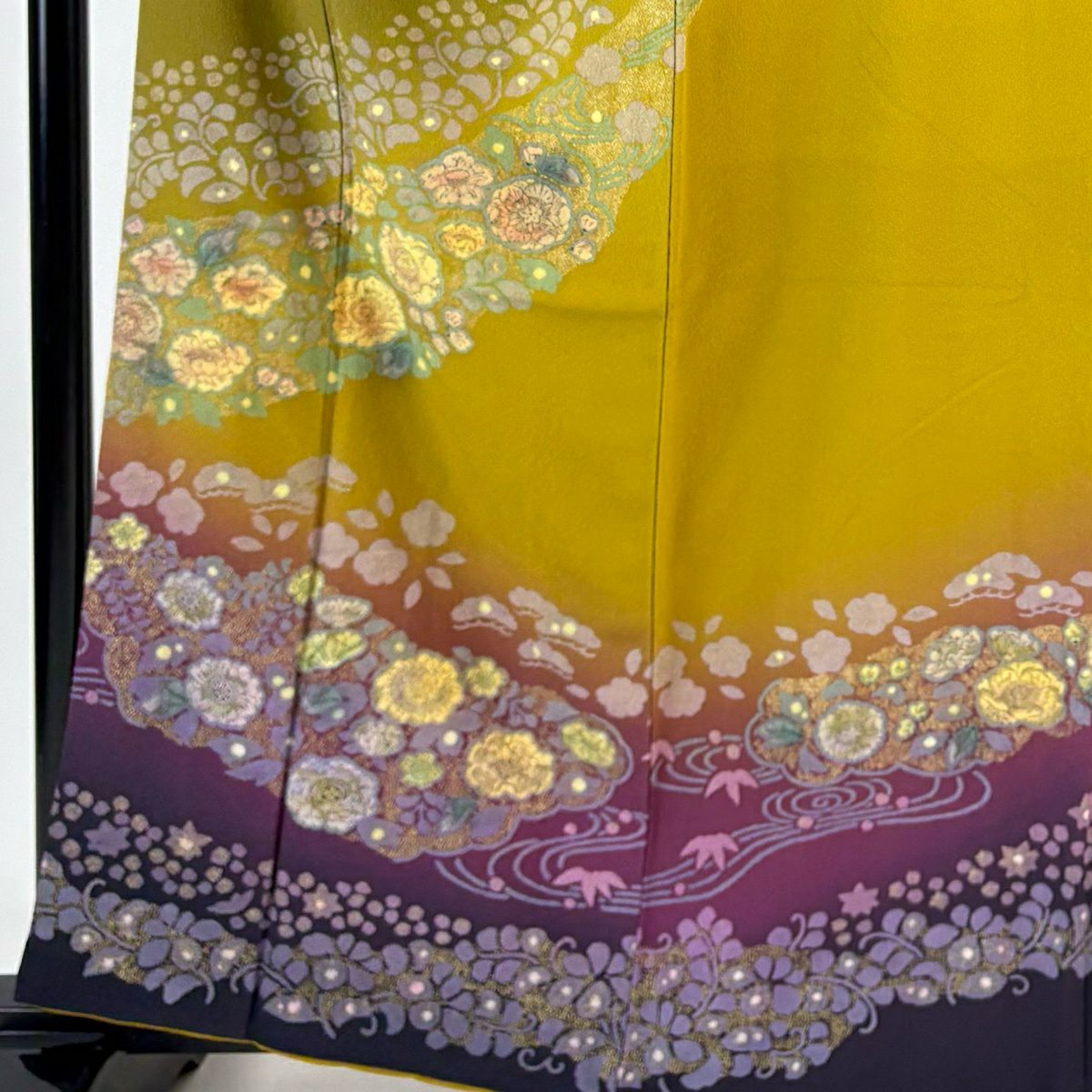 訪問服 身長161.5cm 袖長68.5cm L 雙層 辻花染圖案 流水 金彩裝飾 漸層 鶯色 純蠶絲 名品級