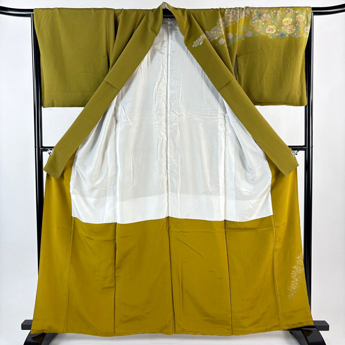 訪問服 身長161.5cm 袖長68.5cm L 雙層 辻花染圖案 流水 金彩裝飾 漸層 鶯色 純蠶絲 名品級