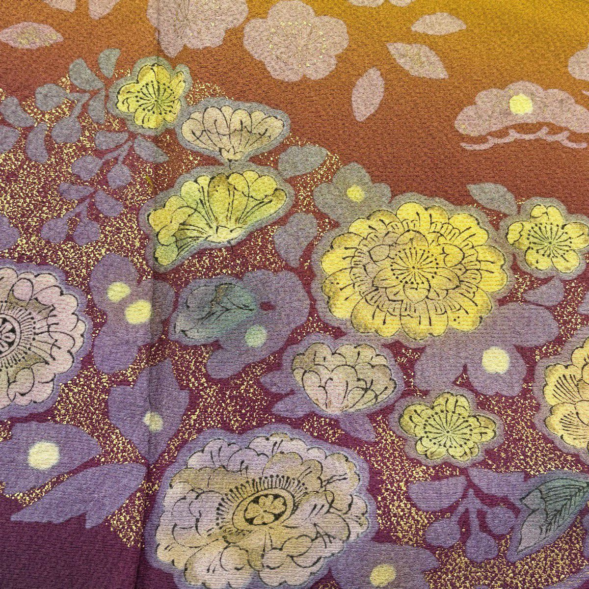 訪問服 身長161.5cm 袖長68.5cm L 雙層 辻花染圖案 流水 金彩裝飾 漸層 鶯色 純蠶絲 名品級