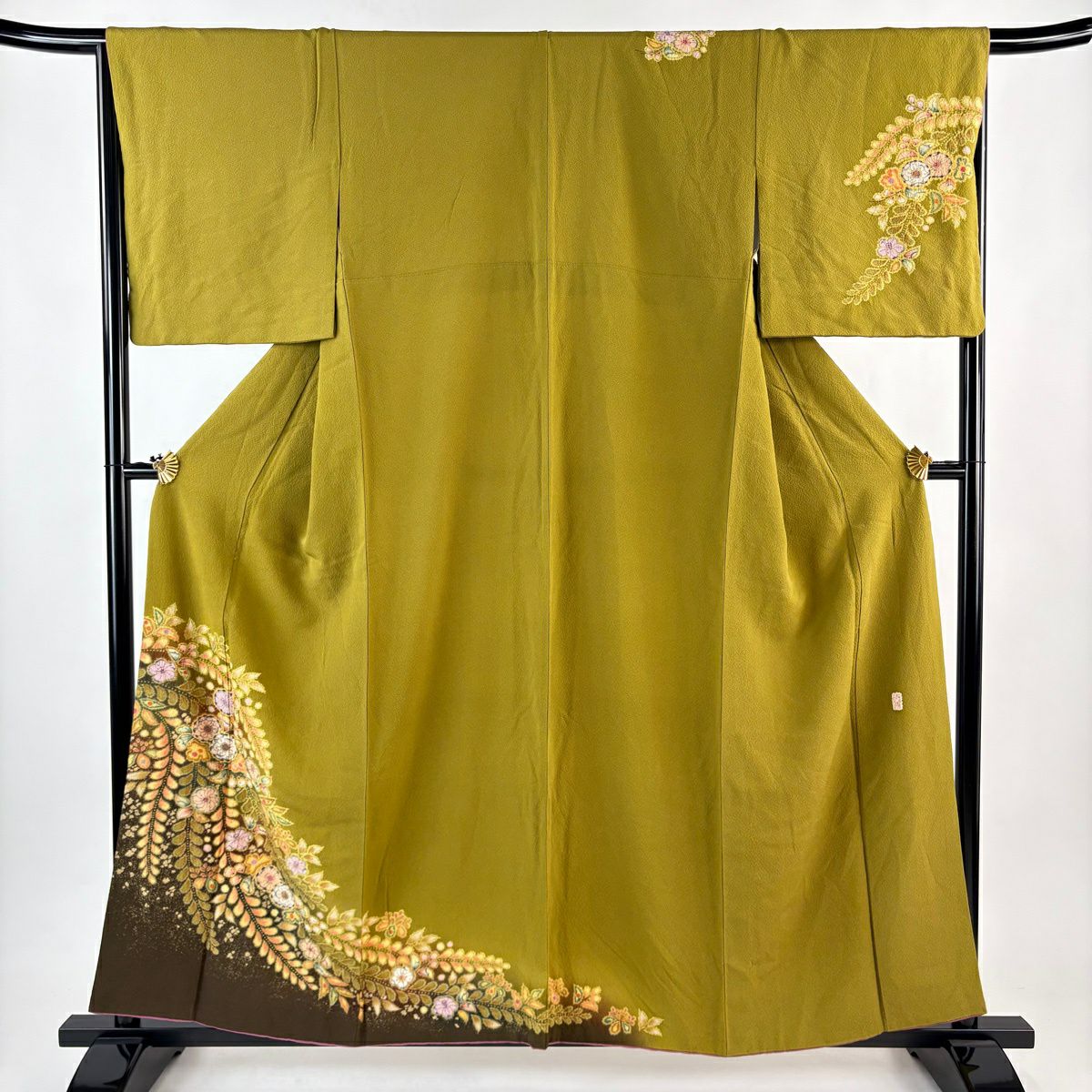 訪問服 身長159cm 袖長66.5cm M 雙層 翠山工房 大和 落款あり 辻花染 金銀彩 漸層 鶯色 純蠶絲 名品級