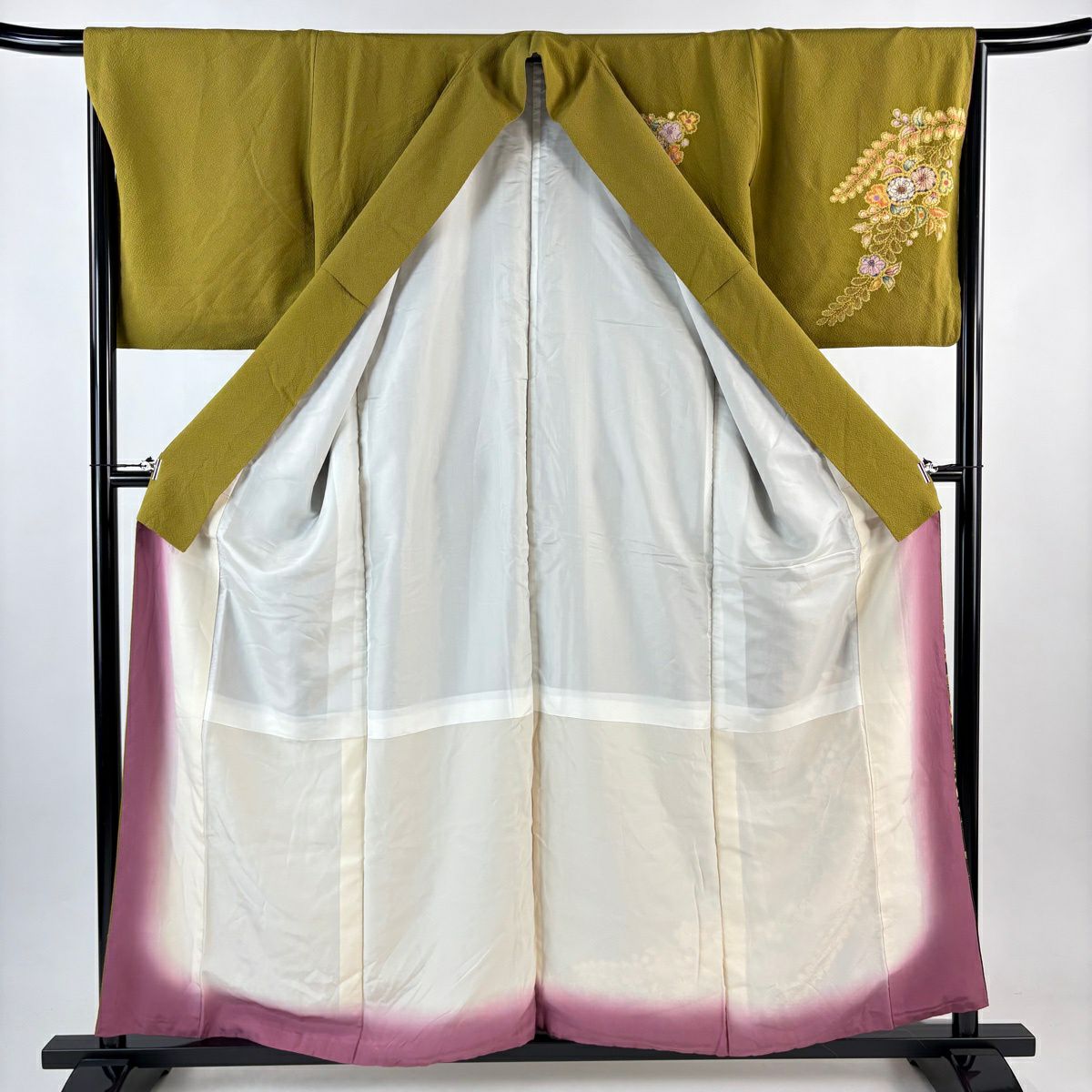 訪問服 身長159cm 袖長66.5cm M 雙層 翠山工房 大和 落款あり 辻花染 金銀彩 漸層 鶯色 純蠶絲 名品級