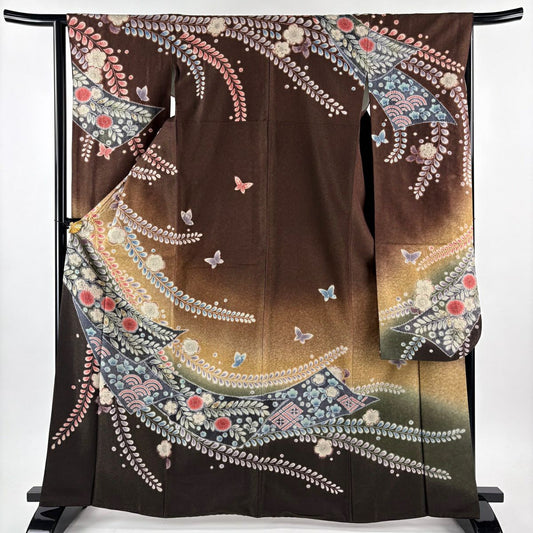 【美品】振袖禮服 身長165.5cm 袖長64cm M 雙層 辻花染 金銀彩 漸層 焦茶 純蠶絲 逸品級