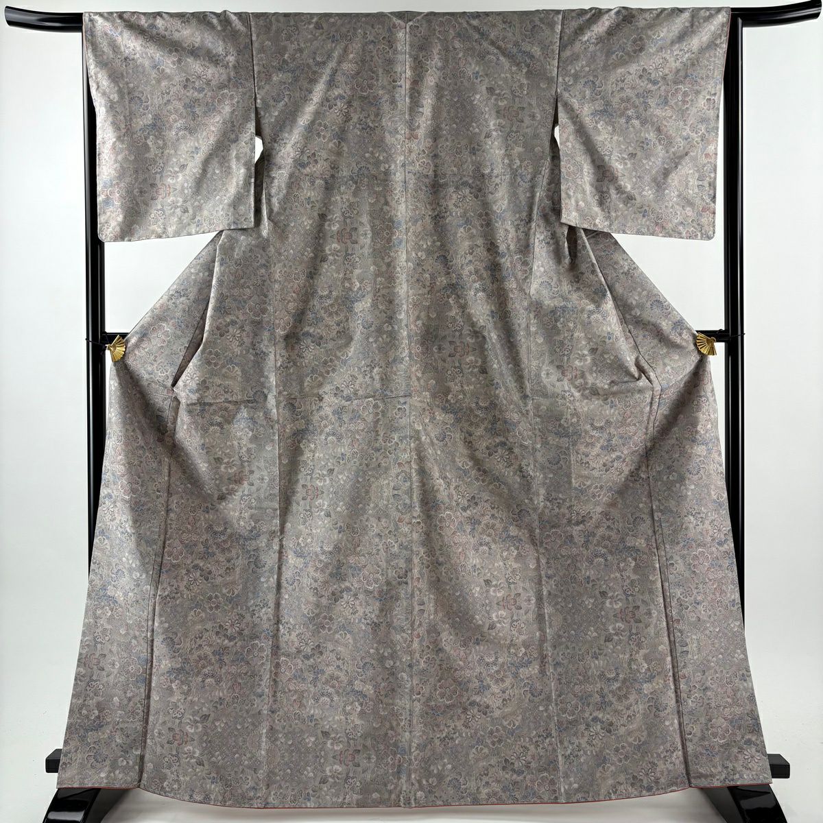 【美品】 大島紬織 身長166cm 袖長65cm M 雙層 都喜ヱ門 紬織萬葉 證書あり 草花紋 灰紫 純蠶絲 逸品級