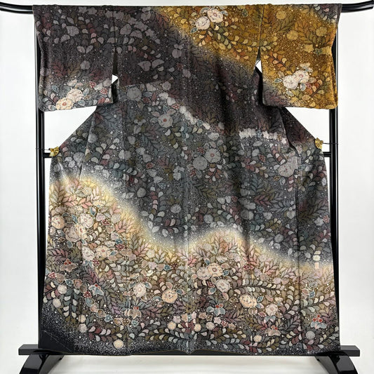 【美品】訪問服 身長158.5cm 袖長68.5cm L 雙層 翠山工房 落款あり 辻花染 漸層 墨色 純蠶絲 逸品級