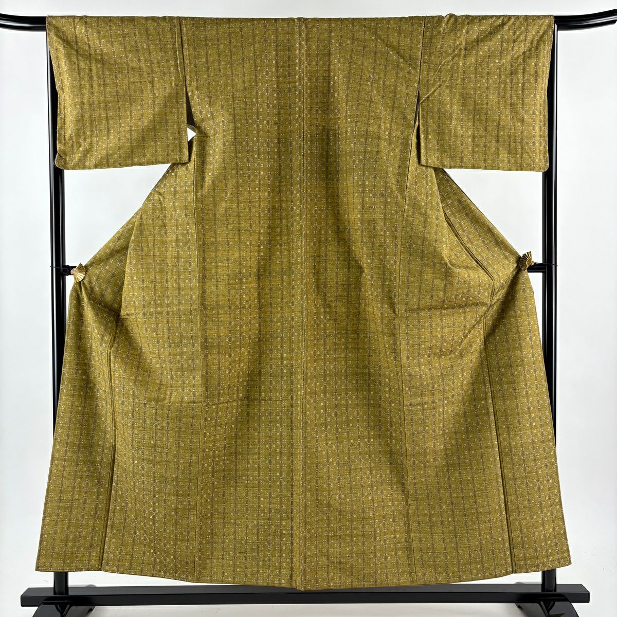 【美品】 小紋 身長155.5cm 袖長66cm M 雙層 花織 紬織織 ますいわ屋 縱條 幾何學 茶綠 純蠶絲 逸品級
