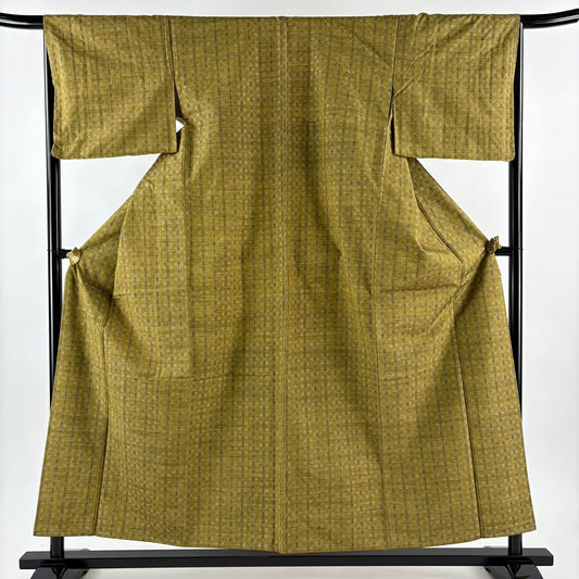 【美品】 小紋 身長155.5cm 袖長66cm M 雙層 花織 紬織織 ますいわ屋 縱條 幾何學 茶綠 純蠶絲 逸品級