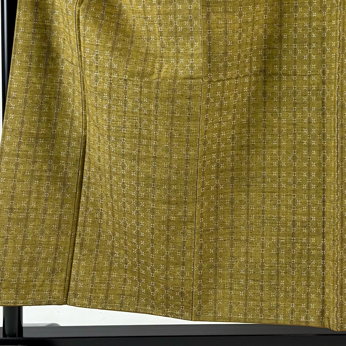 【美品】 小紋 身長155.5cm 袖長66cm M 雙層 花織 紬織織 ますいわ屋 縱條 幾何學 茶綠 純蠶絲 逸品級
