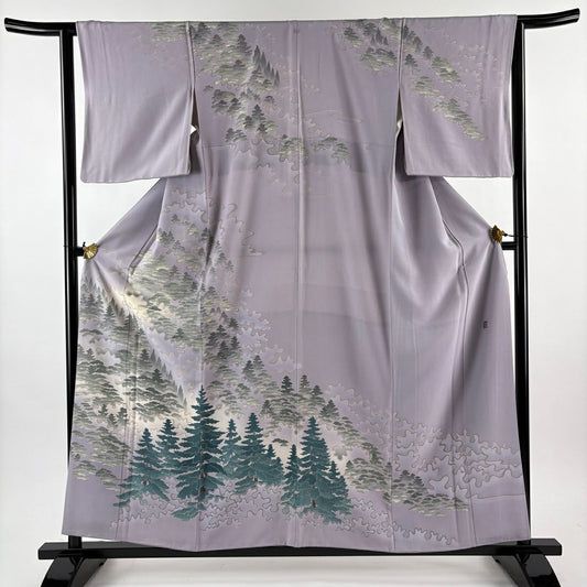 訪問服 身長157cm 袖長63cm S 雙層 杉浦伸 加賀友禪 落款あり 樹木 霞 漸層 灰紫 純蠶絲 逸品級 一つ紋