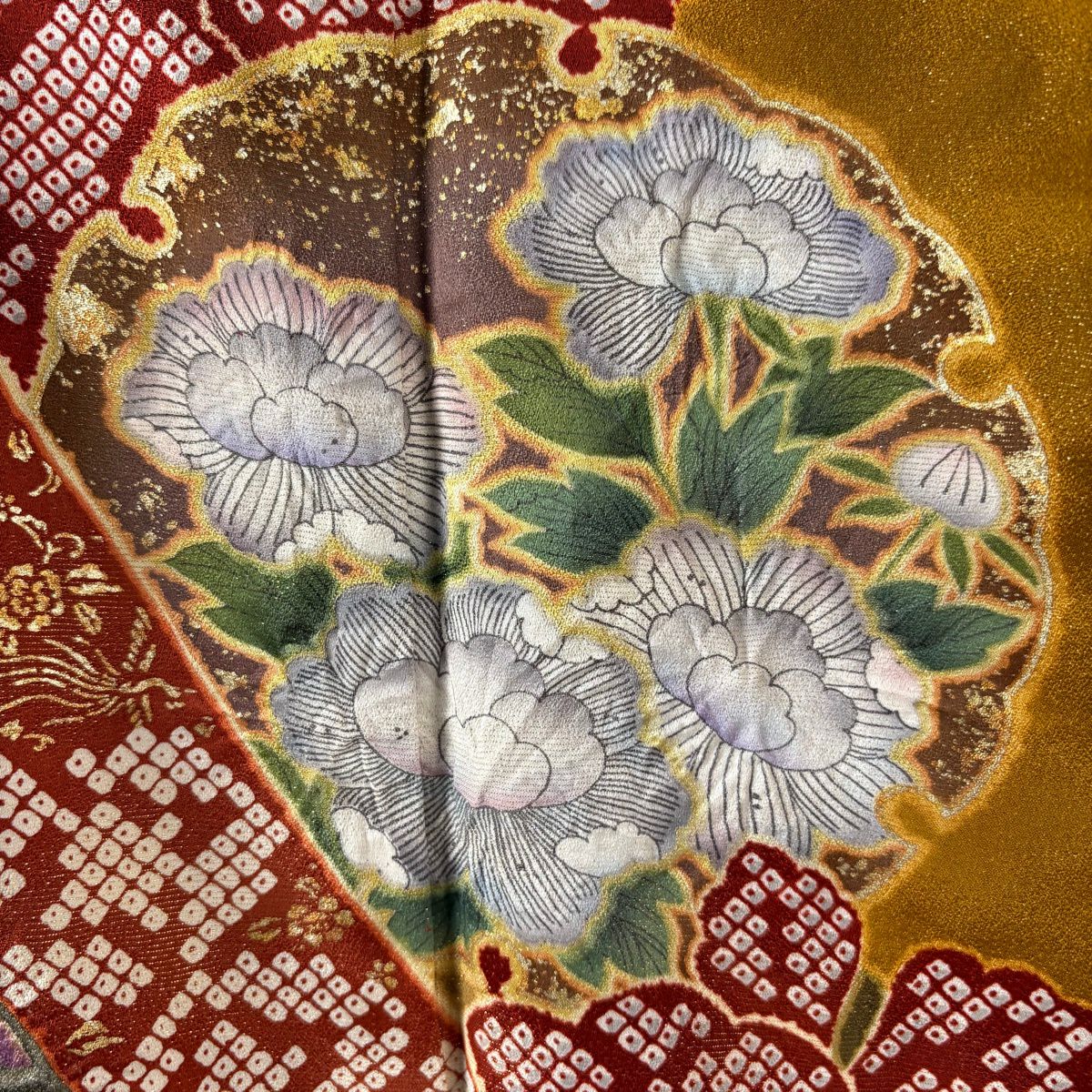 【美品】振袖禮服 身長166cm 袖長66cm M 雙層 草花紋紋 雪輪 金通し 金銀彩 山吹茶 純蠶絲 逸品級