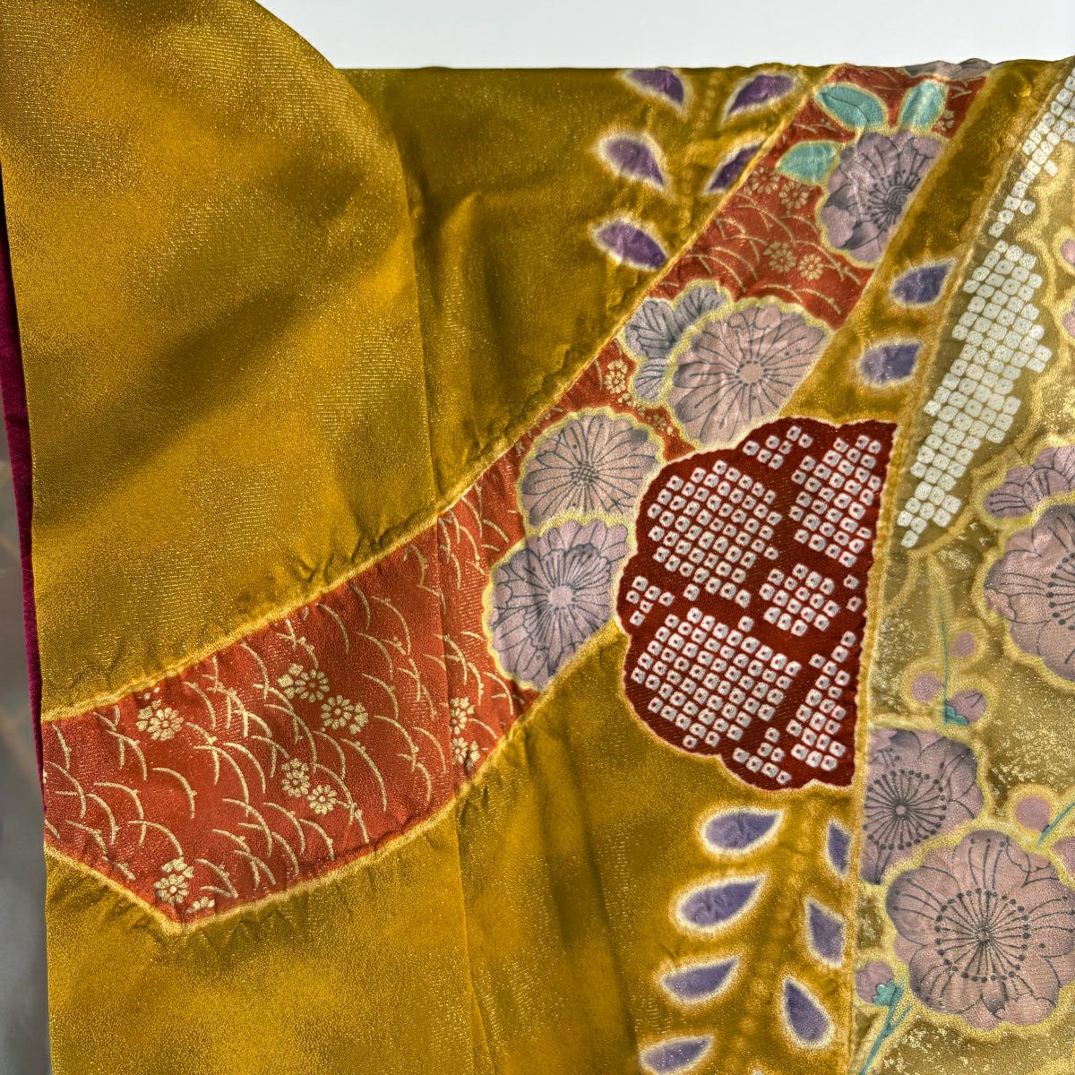【美品】振袖禮服 身長166cm 袖長66cm M 雙層 草花紋紋 雪輪 金通し 金銀彩 山吹茶 純蠶絲 逸品級