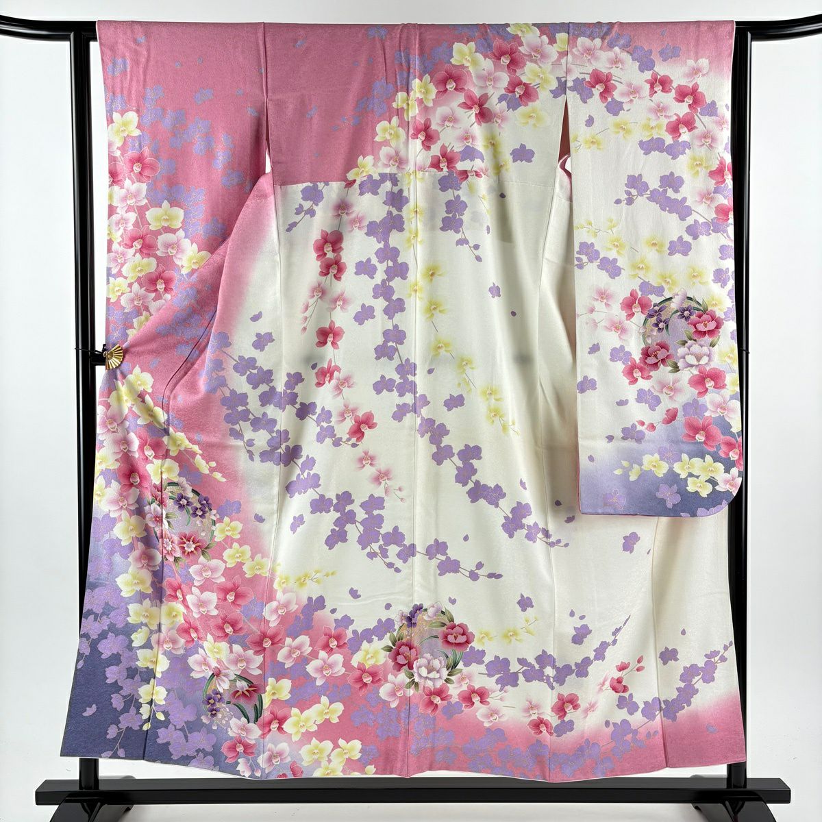 振袖禮服 身長155.5cm 袖長63cm S 雙層 花丸紋 胡蝶蘭 銀通 金銀彩 粉紅 純蠶絲 逸品級