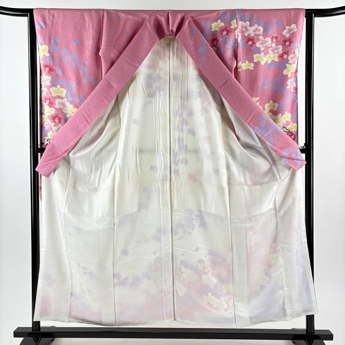 振袖禮服 身長155.5cm 袖長63cm S 雙層 花丸紋 胡蝶蘭 銀通 金銀彩 粉紅 純蠶絲 逸品級