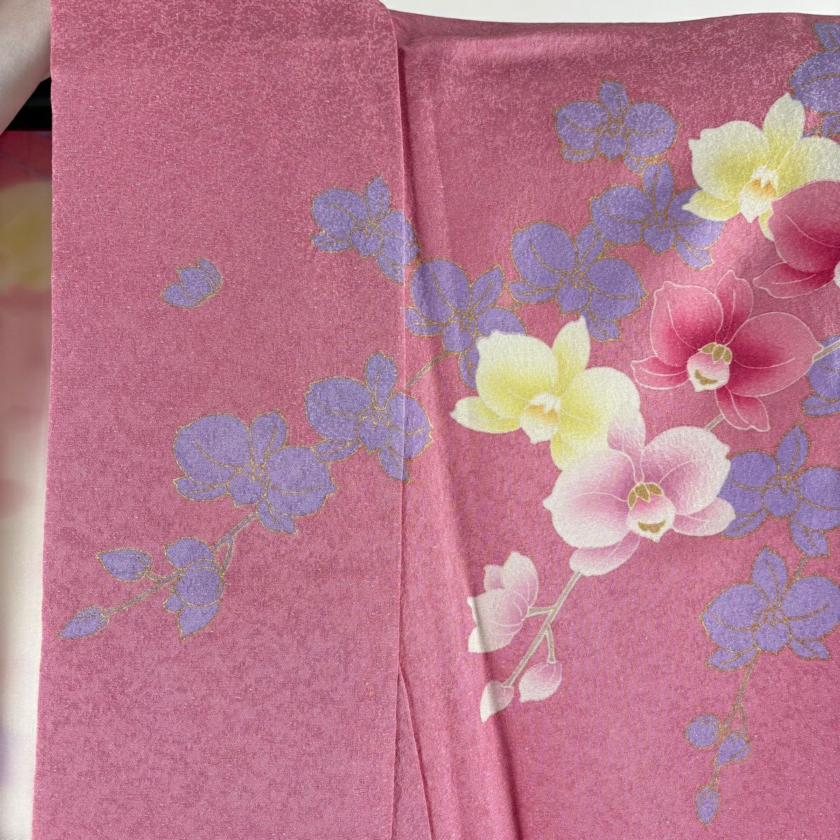 振袖禮服 身長155.5cm 袖長63cm S 雙層 花丸紋 胡蝶蘭 銀通 金銀彩 粉紅 純蠶絲 逸品級