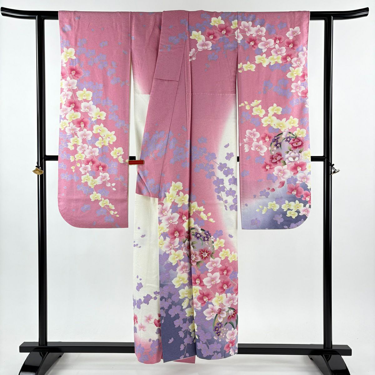 振袖禮服 身長155.5cm 袖長63cm S 雙層 花丸紋 胡蝶蘭 銀通 金銀彩 粉紅 純蠶絲 逸品級