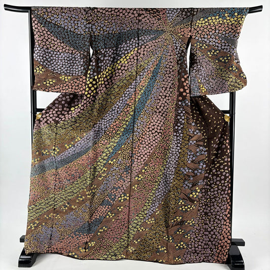 【美品】訪問服 身長172.5cm 袖長70cm 未仕立 單層 草花紋紋 竹子 銀通 絞染 茶紫 純蠶絲 逸品級