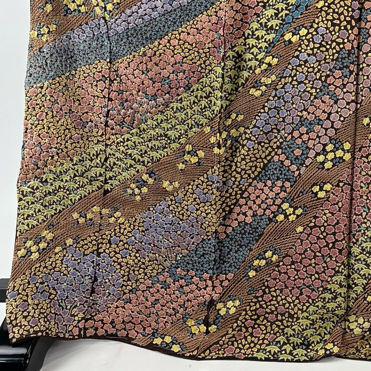 【美品】訪問服 身長172.5cm 袖長70cm 未仕立 單層 草花紋紋 竹子 銀通 絞染 茶紫 純蠶絲 逸品級