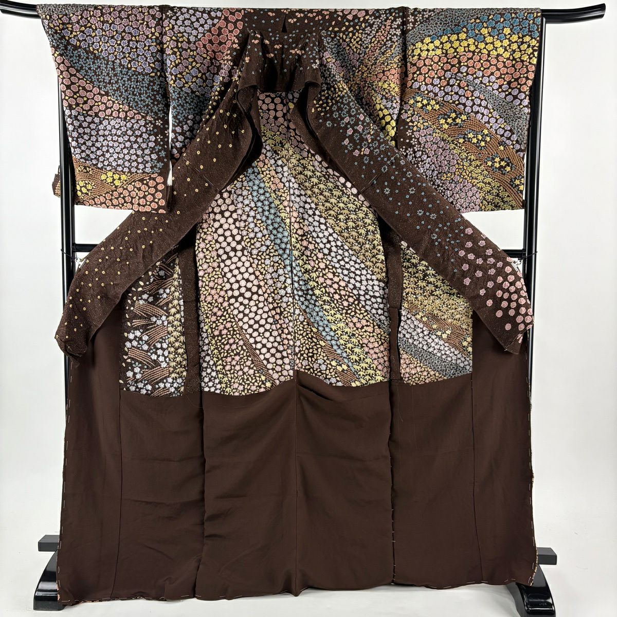 【美品】訪問服 身長172.5cm 袖長70cm 未仕立 單層 草花紋紋 竹子 銀通 絞染 茶紫 純蠶絲 逸品級