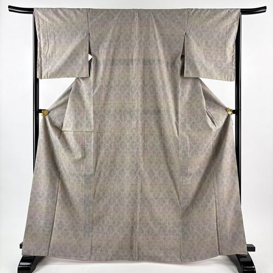【美品】結城紬織 身長167.5cm 袖長66cm M 雙層 本場結城紬織 奥順 證書齊全 斜格子 龜甲絣 灰紫 純蠶絲 逸品級
