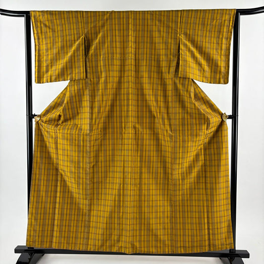 【美品】 紬織 身長160cm 袖長63.5cm S 雙層 黃八丈 證書齊全 格子 黃土色 純蠶絲 逸品級