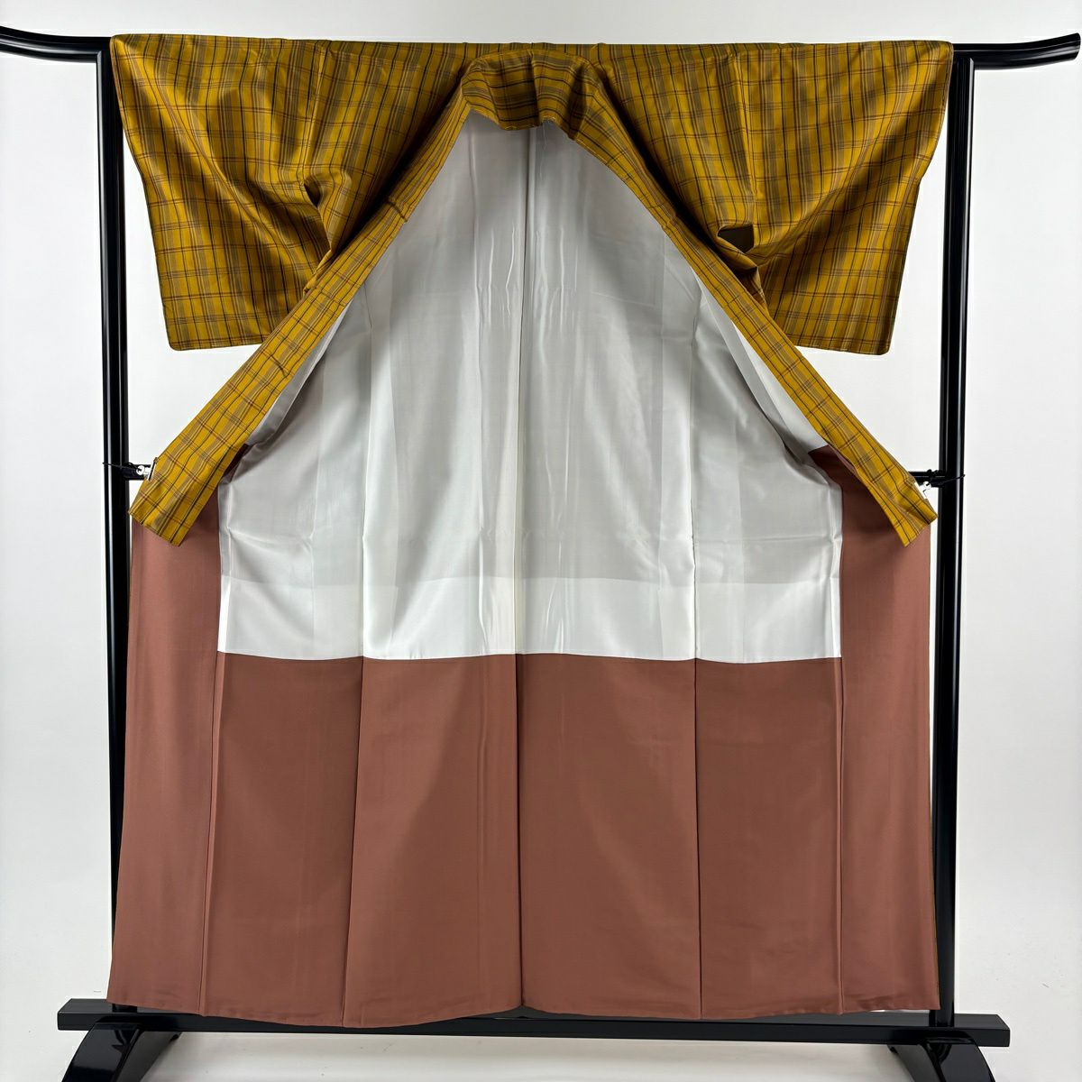 【美品】 紬織 身長160cm 袖長63.5cm S 雙層 黃八丈 證書齊全 格子 黃土色 純蠶絲 逸品級