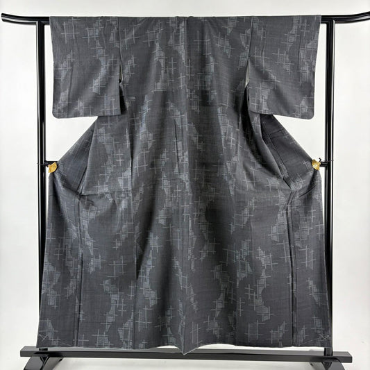 【美品】結城紬織 身長157cm 袖長60.5cm S 雙層 本場結城紬織 奥順 證書齊全 龜甲絣 格子 深綠 純蠶絲 逸品級
