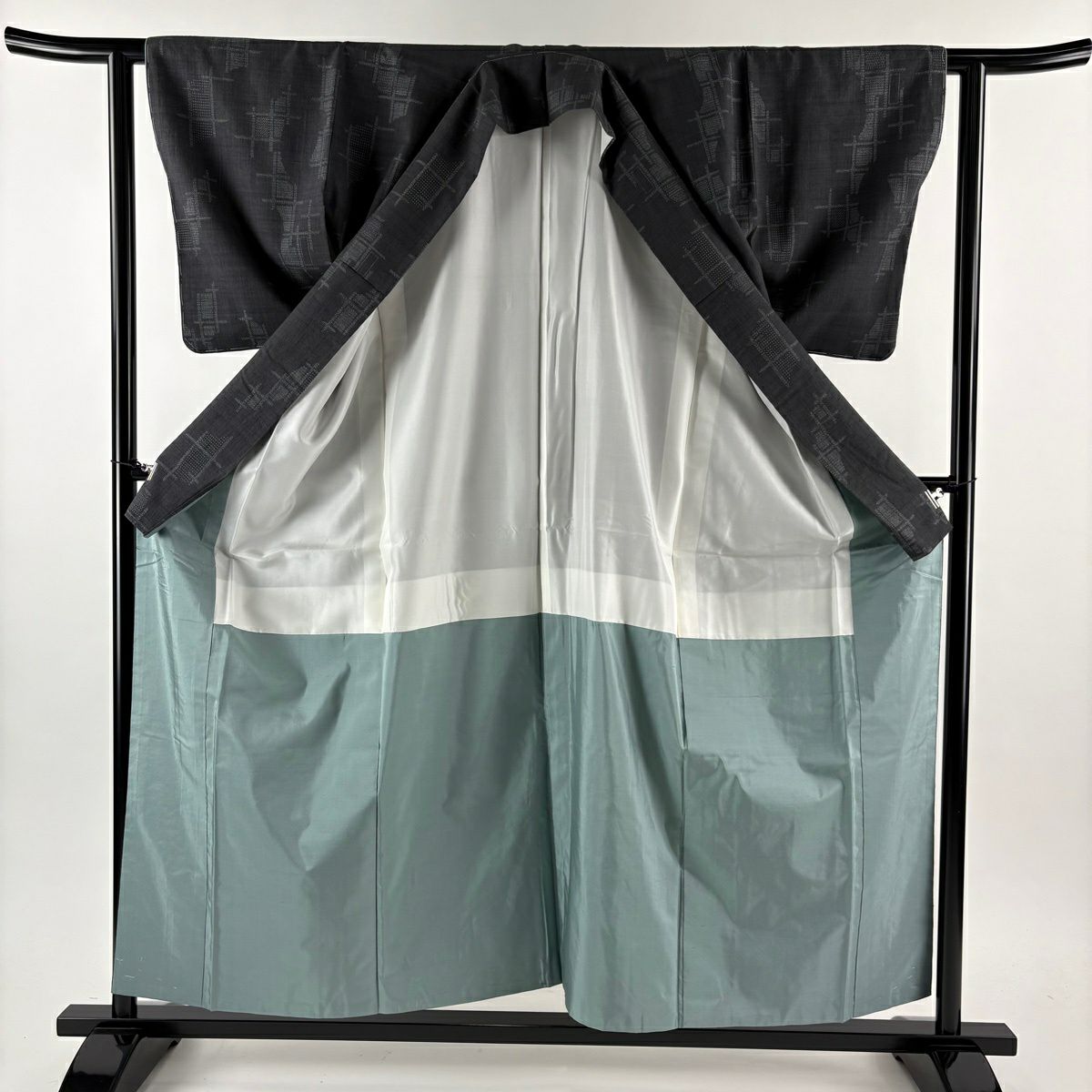 【美品】結城紬織 身長157cm 袖長60.5cm S 雙層 本場結城紬織 奥順 證書齊全 龜甲絣 格子 深綠 純蠶絲 逸品級