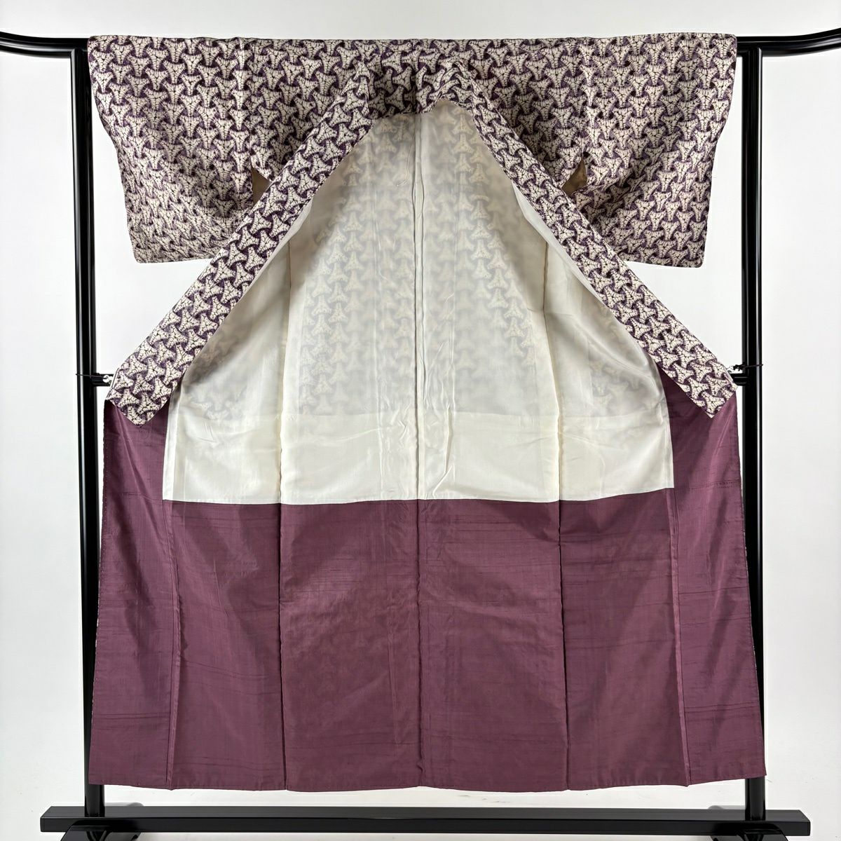 【美品】 小紋 身長155.5cm 袖長62cm S 雙層 幾何學圖案 絞染 奶油色 純蠶絲 逸品級